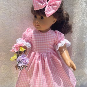 Vestido de fiesta de cuadros vichy rosas de 18 pulgadas, mangas abullonadas con encaje, se adapta a muñecas de 18 pulgadas, muñecas American Girl, opciones de tela, ribete adorable.