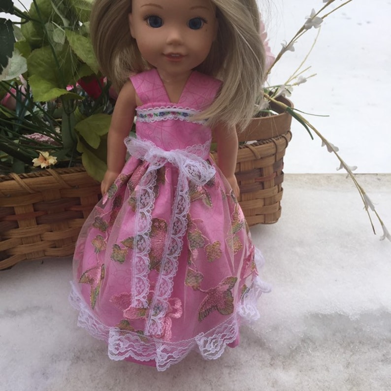 American Girl Doll Clothes Wellie Wisher Doll dress 14.5 inch gown 3D butterfly fabric Maryellen Pretty Pink Prom Dress Last One