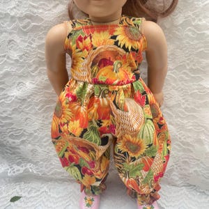Fall pumpkin doll romper 18 inch play clothes gold embossed fitting girl dolls like American girl dolls fun jumpsuit in bubble style legs