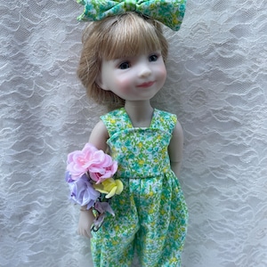 ruby red romper 14.5 inch doll clothes Wellie wishers jumpsuit pantaloons in green dainty flowers syblies 12in