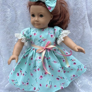 Doll dress 18 inch pink rose mint green flowers fits dolls like American girl dolls available in 12 inch syblies 14 inch Wellie wishers doll