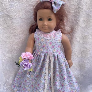 Modern 18 inch maxi dress pastel dainty flowers rosette sash fits dolls like American girls long regency style lined bodice fabric choice