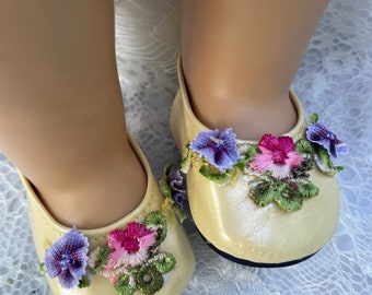 18 inch doll shoes flats fits dolls like American girl dolls pink rose embellishments hand designed by Be Just Me slip on 18” cream flats