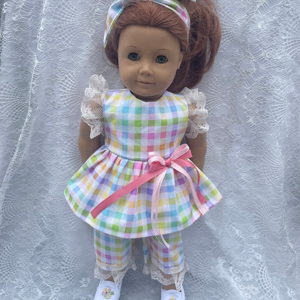 18 inch doll clothes pastel checkered ruffles top matching capris Mother’s Day gift for girls handmade by Be Just Me fabric choices
