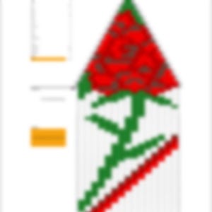 May include: A red rose design, possibly for earrings, is depicted in a pixelated style. The design features a red rose at the top, green stem and leaves, and a red diagonal line. The text "Julianna's Beaded Bijouterie" is at the top.