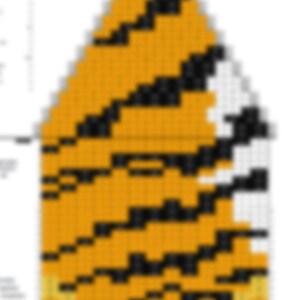 May include: A beaded design in a tiger stripe pattern, featuring orange and black stripes on a white background. The design is in a triangular shape. The text "Julianna's Beaded Byuteries" is at the top.
