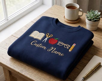 Custom Name Embroidered Teacher Sweatshirt Personalized Classroom Icons Educator Gift School Staff Apple Book Crewneck Cozy