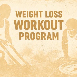 Peut inclure: Graphique sépia promouvant un programme d'entraînement pour la perte de poids. Des silhouettes d'une personne utilisant une corde et d'une autre faisant des pompes sont présentées. Un chronomètre et un kettlebell sont également visibles. Le texte indique "WEIGHT LOSS WORKOUT PROGRAM".
