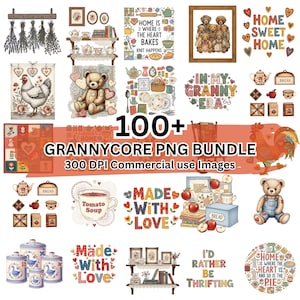 May include: A digital bundle of Grannycore PNG images, featuring teddy bears, teacups, bread, and the phrase "Home Sweet Home." These images, ideal for commercial use, have a charming, vintage aesthetic, perfect for crafting.