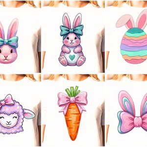 May include: A collection of six Easter-themed graphic designs. The designs include a pink bunny head with a teal bow, a pink bunny with a teal bow, a colorful Easter egg with bunny ears, a purple lamb with a pink bow, an orange carrot with a pink bow, and bunny ears with a pink bow.