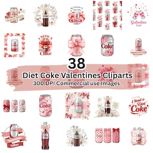 Op de afbeelding: Een verzameling van 38 Diet Coke Valentijnsdag clipart afbeeldingen. De afbeeldingen tonen Diet Coke blikjes en flessen met Valentijnsdag thema's, waaronder harten, strikken en de tekst "Be Mine".