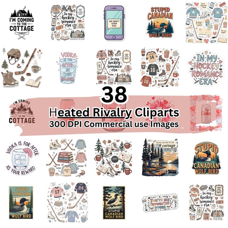 K&ouml;nnte beinhalten: Eine Sammlung von 38 Clip-Art-Bildern mit verschiedenen Designs und Texten. Die Designs enthalten S&auml;tze wie &bdquo;I'm coming to the cottage&ldquo;, &bdquo;In my hockey romance era&ldquo; und &bdquo;Stupid Canadian Wolf Bird&ldquo;. Bilder f&uuml;r kommerzielle Nutzung.
