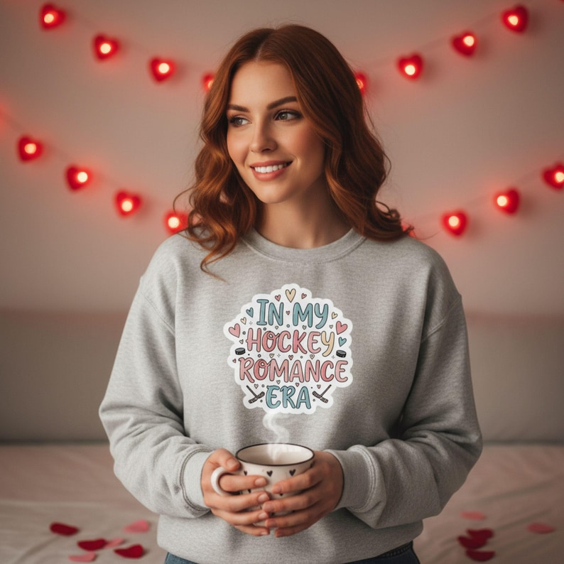 K&ouml;nnte beinhalten: Ein hellgraues Sweatshirt mit dem Text "IN MY HOCKEY ROMANCE ERA" in einem farbenfrohen Design. Das Design umfasst Herzen, Hockeyschl&auml;ger und Pucks. Die Person h&auml;lt eine wei&szlig;e Tasse mit einem schwarzen Herzmuster.