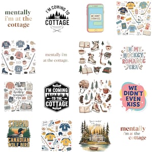 K&ouml;nnte beinhalten: Eine Sammlung digitaler Aufkleber und Grafiken mit verschiedenen Themen. Enth&auml;lt Texte wie "I'm coming to the cottage", Hockey-Elemente und ein Telefon mit einer Sprechblase mit der Aufschrift "We didn't even kiss."