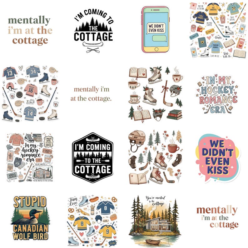 K&ouml;nnte beinhalten: Eine Sammlung digitaler Aufkleber und Grafiken mit verschiedenen Themen. Enth&auml;lt Texte wie "I'm coming to the cottage", Hockey-Elemente und ein Telefon mit einer Sprechblase mit der Aufschrift "We didn't even kiss."