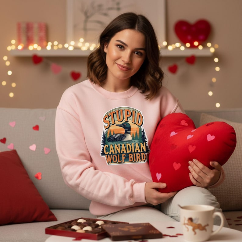 K&ouml;nnte beinhalten: Hellrosa Sweatshirt mit dem Text "STUPID CANADIAN WOLF BIRD" und einer Grafik eines Seetauchers vor einem Sonnenuntergang. Ein gro&szlig;es rotes herzf&ouml;rmiges Kissen mit rosa Herzen wird gehalten.