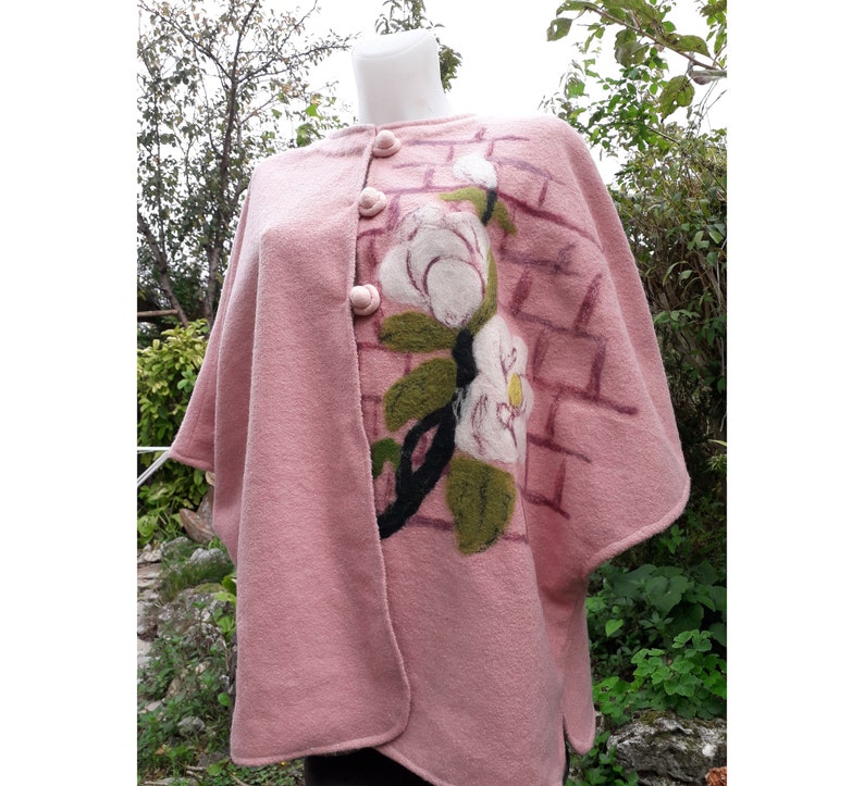 Pink Art Textile Poncho Type Coat Hand Drawn Design by Needle Felting Pure Wool Boucle Textile Base One Size Vest