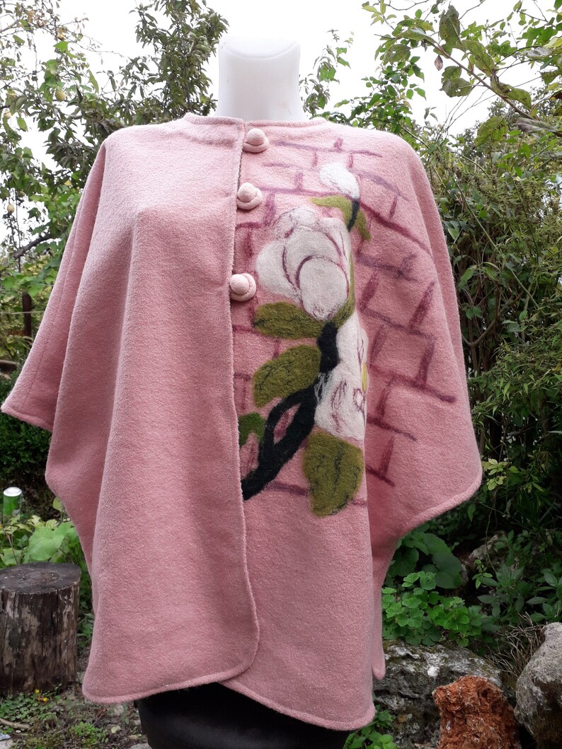 Pink Art Textile Poncho Type Coat Hand Drawn Design by Needle Felting Pure Wool Boucle Textile Base One Size Vest