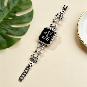 Y2K Star Silver Metal Apple Watch Band Series 10 9 8 SE 45mm 41mm 40mm, Edgy Rhinestone Link Bracelet Ultra 2 49mm, Cyberpunk Gothic Gift