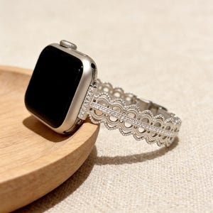 Silver Lace Apple Watch Band Series 10 9 8 SE 45mm 41mm 40mm, Dainty Filigree Metal Strap Ultra 2 49mm, Bridal Wedding Jewelry Women Gift