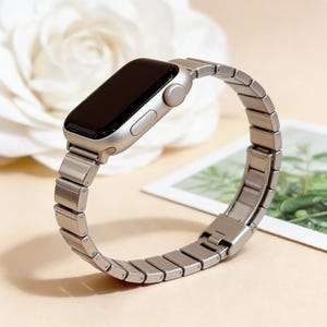 Slim Silver Metal Apple Watch Band Series 10 9 8 SE 45mm 41mm 40mm, Dainty Stainless Steel Link Bracelet Ultra 2 49mm, Elegant Women Gift
