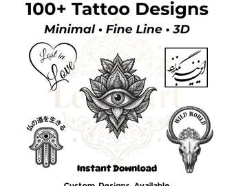 100+ Tattoo Designs Bundle | Minimal, Fine Line & 3D | PNG PDF Download | Custom Tattoo | Commercial Use