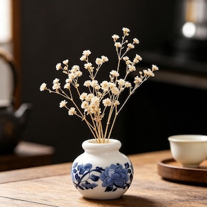 May include: A small, round white ceramic vase featuring a blue floral pattern around its base. The vase contains a cluster of delicate, dried off-white baby's breath flowers with thin, branching stems extending upward from the narrow opening.