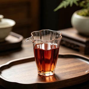 May include: A clear glass tea pitcher with a scalloped rim and a small pouring spout, filled with amber-colored tea. The vessel features a vertical ribbed texture along its sides and sits on a dark wooden tray with a curved, organic shape.