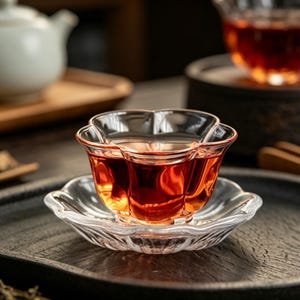 以下が含まれることがあります： 花びらのような波打つ縁取りが特徴の、透明なガラス製のティーカップとソーサーのセット。カップには深い琥珀色の液体が注がれており、透明なガラス素材がその曲線的な表面に光を反射させています。