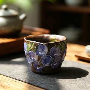 May include: A small, dark brown ceramic tea cup with an uneven, textured rim. The exterior is decorated with a hand-painted relief pattern of purple flowers and green leaves, featuring visible brushstrokes and a glossy finish on the floral design.