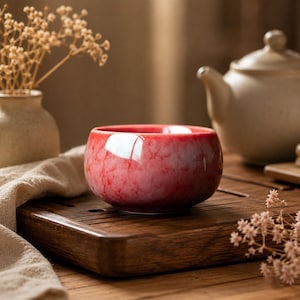 Puede incluir: Una taza de té de cerámica roja con un acabado brillante. La taza tiene un aspecto veteado y se encuentra sobre una bandeja de madera. Una tetera y un jarrón con flores secas están en el fondo.