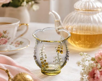 Handmade Wisteria Glass Tea Cup, 3D Petal Petal Master Cup, Aesthetic Purple Floral Glassware, Gift for Tea Lovers,Small Tea Cup 90ml.