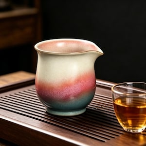 May include: A ceramic tea pitcher with a spout, showing a colour gradient from cream to pink and teal. The pitcher sits on a wooden tea tray, next to a glass of tea. The tea pitcher is a traditional Asian tea accessory.