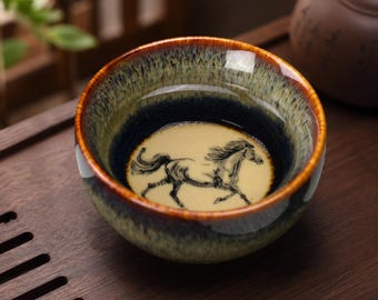 Handmade Ceramic Teacup with Running Horse Motif, Ceramic Jianzhan Tea Bowl, Unique Gift for Tea Lover, Wabi Sabi Kiln Altered Teacup, 75ml.
