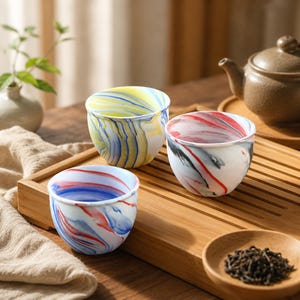 May include: Three colorful glass teacups with swirled patterns in blue, red, and yellow. The cups are on a wooden tray with a teapot and a small bowl of tea leaves. The teacups have a unique, artistic design.