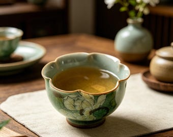 Handmade Lotus Tea Cup, Ice Crackle Celadon Teacup, Unique Ceramic Gongfu Tea Cup for Tea Lover Gift, Cute Floral Pedestal Cup, 40ml.