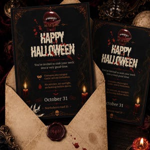 Op de afbeelding: Een zwarte Halloween-uitnodigingskaart met een vampier mond met hoektanden, rode bloedspatten en de tekst Happy Halloween, October 31, Northshore road 31. De kaart zit in een beige envelop met een donkerrood waszegel.