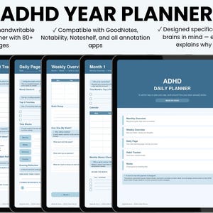 Op de afbeelding: Een digitale ADHD-jaarplanner op een tabletscherm, met meerdere pagina's waaronder een gewoonte-tracker, dagpagina, weekoverzicht en maandoverzicht. De interface maakt gebruik van een blauw en wit kleurenschema met tekstlabels.