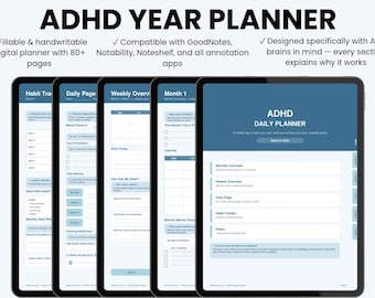 ADHD Year Planner Undated, Fillable Digital Planner for GoodNotes Notability, Daily Weekly Monthly Habit Tracker PDF, Printable, Download