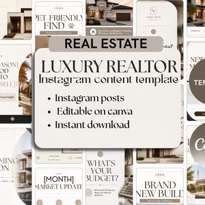 Op de afbeelding: Een verzameling digitale Instagram-contenttemplates voor vastgoed met een neutraal kleurenpalet. De centrale tekst luidt REAL ESTATE LUXURY REALTOR Instagram content template, met opsommingstekens voor Instagram posts, Editable on canva en Instant download.