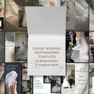Op de afbeelding: Een verzameling digitale sjablonen voor trouwfotografen met veertig Instagram-berichten en vijfentwintig Instagram-verhalen. De centrale witte kaart toont de tekst Luxury Wedding Photographer Templates, 40 instagram posts en 25 instagram stories, met een zilveren veiligheidsspeld in de rechterbenedenhoek.