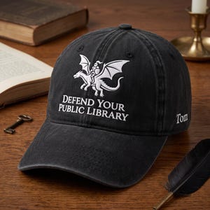 Custom Dragon Library Patch, Embroidered Washed Cap, Fantasy Reader Hat, Personalized Book Lover Gift For Librarians And Teachers