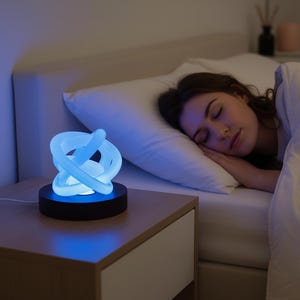 May include: A blue abstract sculpture night light on a black base sits on a wooden nightstand. The light is next to a bed with a person sleeping under a white comforter. The room is dimly lit.