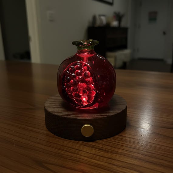 Stained Glass Pomegranate Night Light with Wireless Wooden Base