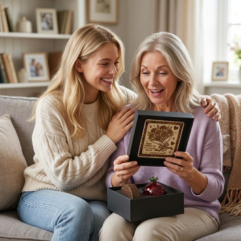 May include: A woman and a younger woman are looking at a gift box. The box contains a wooden plaque with a floral design and text. A red strawberry-shaped object and a chocolate bar are also in the box. The women are sitting on a gray couch.