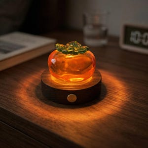 Può includere: Una luce notturna a forma di caco in vetro arancione brillante con foglie verdi, posta su una base rotonda in legno. La base ha un piccolo bottone dorato ed emette una luce calda. Su una superficie di legno.