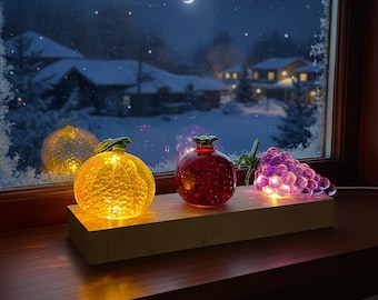 Juego de 3 lámparas de noche de cristal con forma de fruta personalizadas / Lámpara de escritorio con base de madera LED