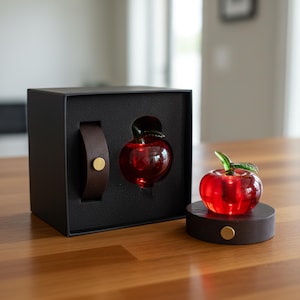 May include: A red glass apple sculpture with a green leaf, displayed on a dark wooden base with a gold accent. The sculpture is also presented inside a black box with a brown strap and gold button.