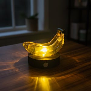 Puede incluir: Lámpara con forma de plátano de cristal transparente que emite una luz amarilla cálida. Se apoya sobre una base redonda de madera oscura. La luz atraviesa el plátano, creando un ambiente suave. Un pequeño botón es visible en la base.