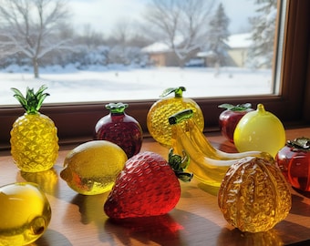 Figuras de frutas de cristal, arte colorido en cristal, decoración de cocina
